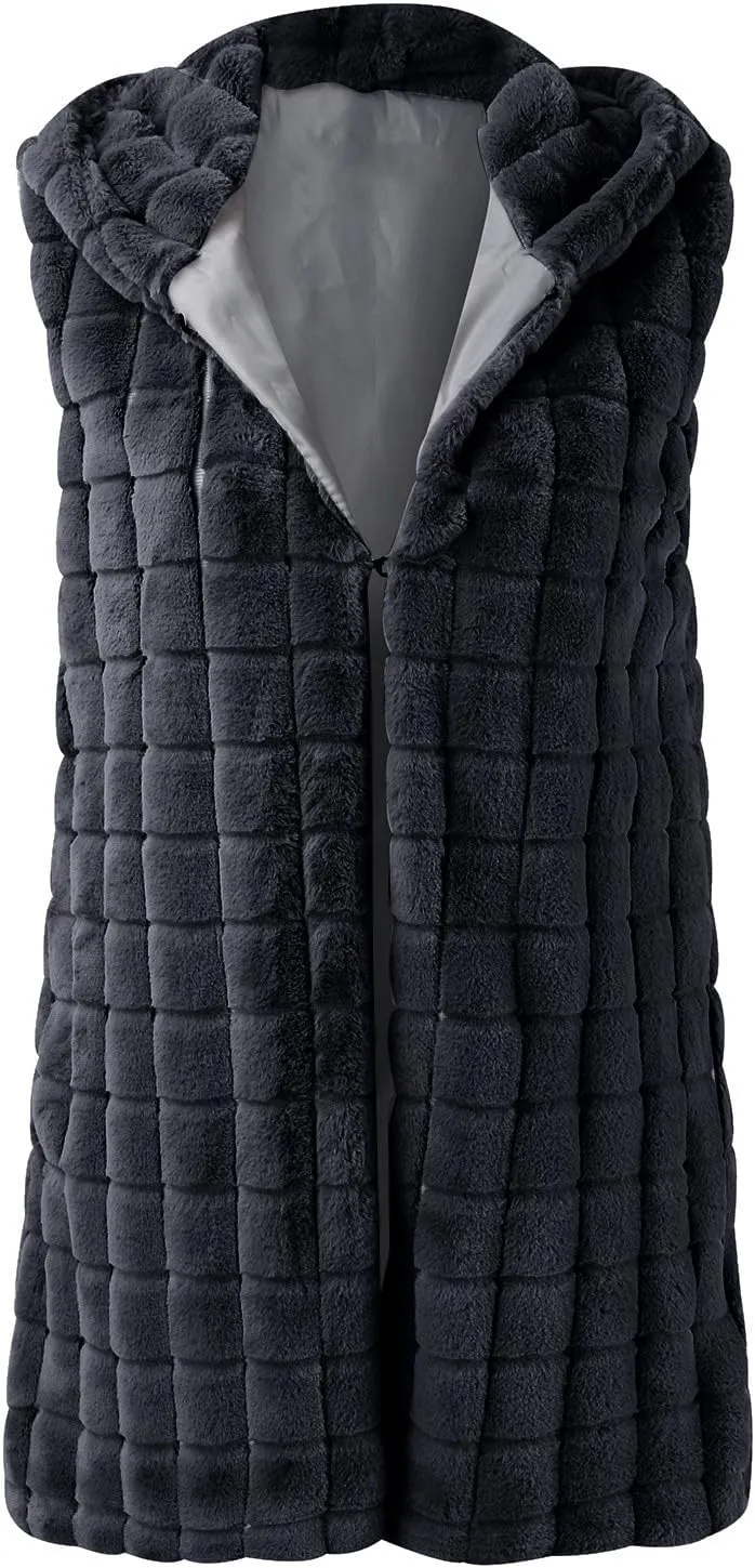 Womens Fall Reversible Puffer Vests Sleeveless Fleece Jacket Zip Up Hoodie Pockets Long Warm 2024 Winter Coat Outerwear