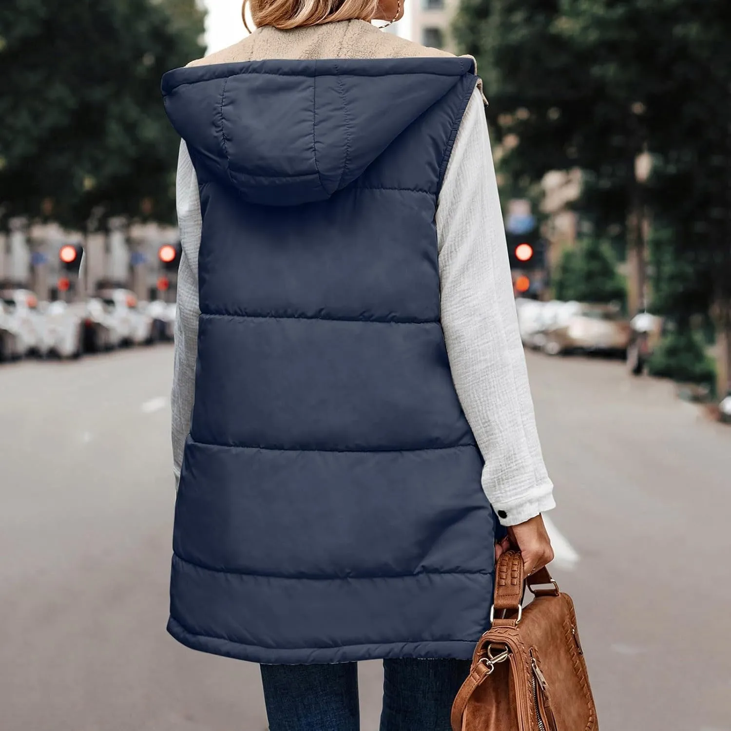 Womens Fall Reversible Puffer Vests Sleeveless Fleece Jacket Zip Up Hoodie Pockets Long Warm 2024 Winter Coat Outerwear