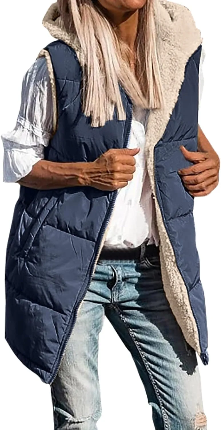 Womens Fall Reversible Puffer Vests Sleeveless Fleece Jacket Zip Up Hoodie Pockets Long Warm 2024 Winter Coat Outerwear