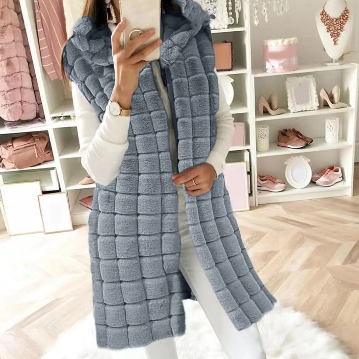 Womens Fall Reversible Puffer Vests Sleeveless Fleece Jacket Zip Up Hoodie Pockets Long Warm 2024 Winter Coat Outerwear