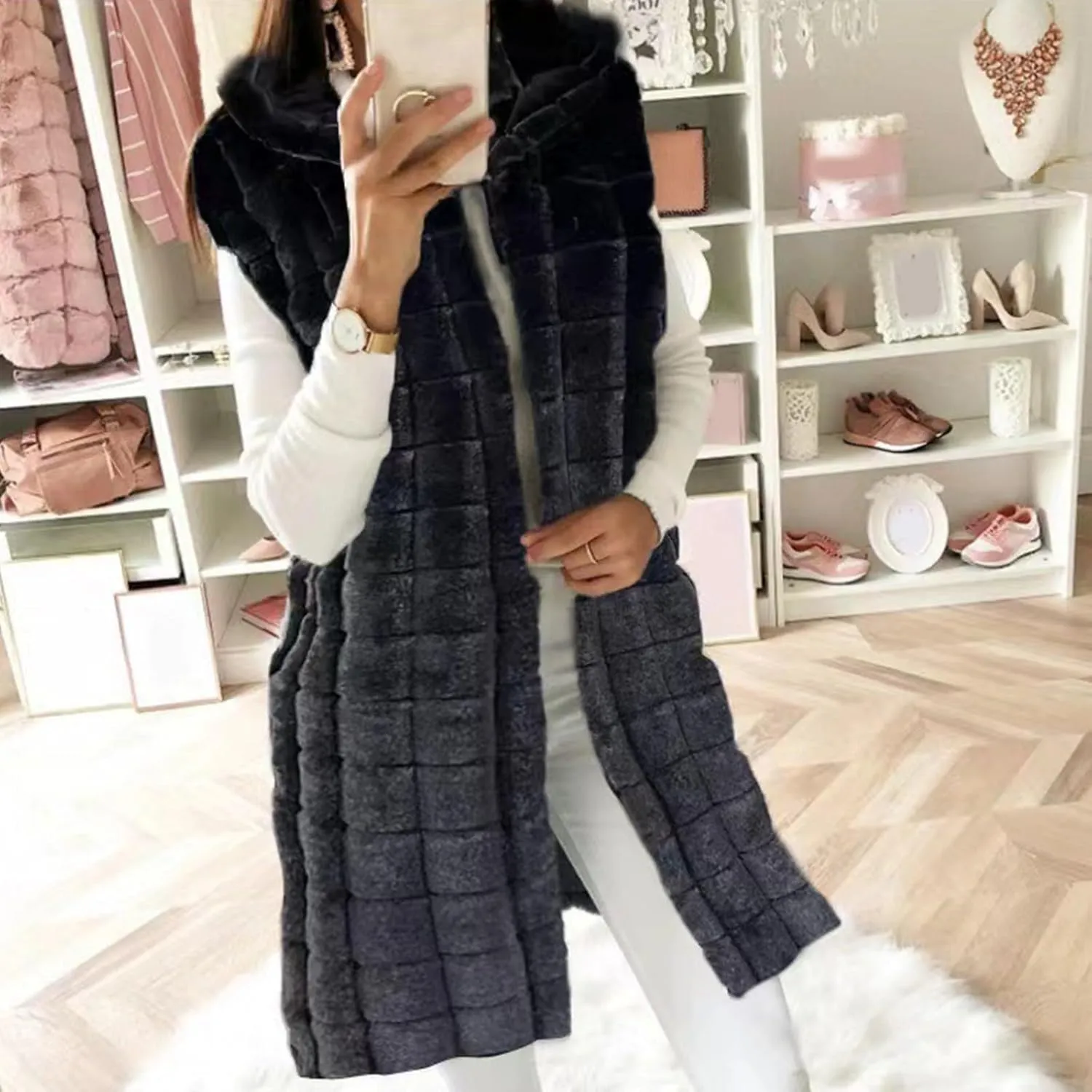 Womens Fall Reversible Puffer Vests Sleeveless Fleece Jacket Zip Up Hoodie Pockets Long Warm 2024 Winter Coat Outerwear