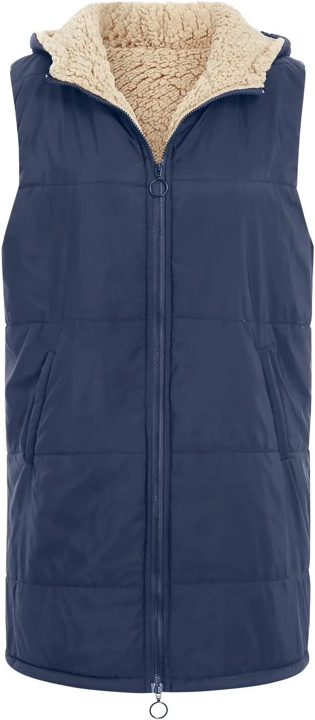 Womens Fall Reversible Puffer Vests Sleeveless Fleece Jacket Zip Up Hoodie Pockets Long Warm 2024 Winter Coat Outerwear