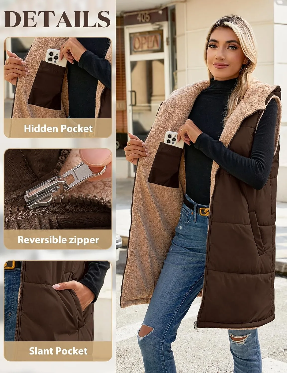 Womens Fall Reversible Vests Sleeveless Fleece Hoodie Jacket Zip Up Winter Warm Hooded Long Coat Outerwear with Pockets