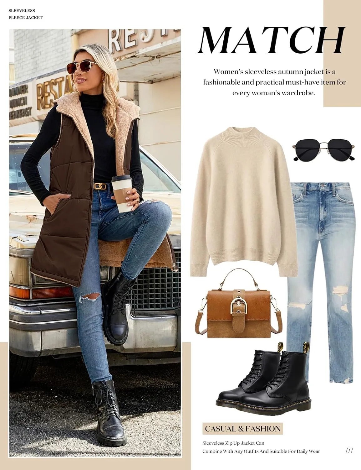 Womens Fall Reversible Vests Sleeveless Fleece Hoodie Jacket Zip Up Winter Warm Hooded Long Coat Outerwear with Pockets