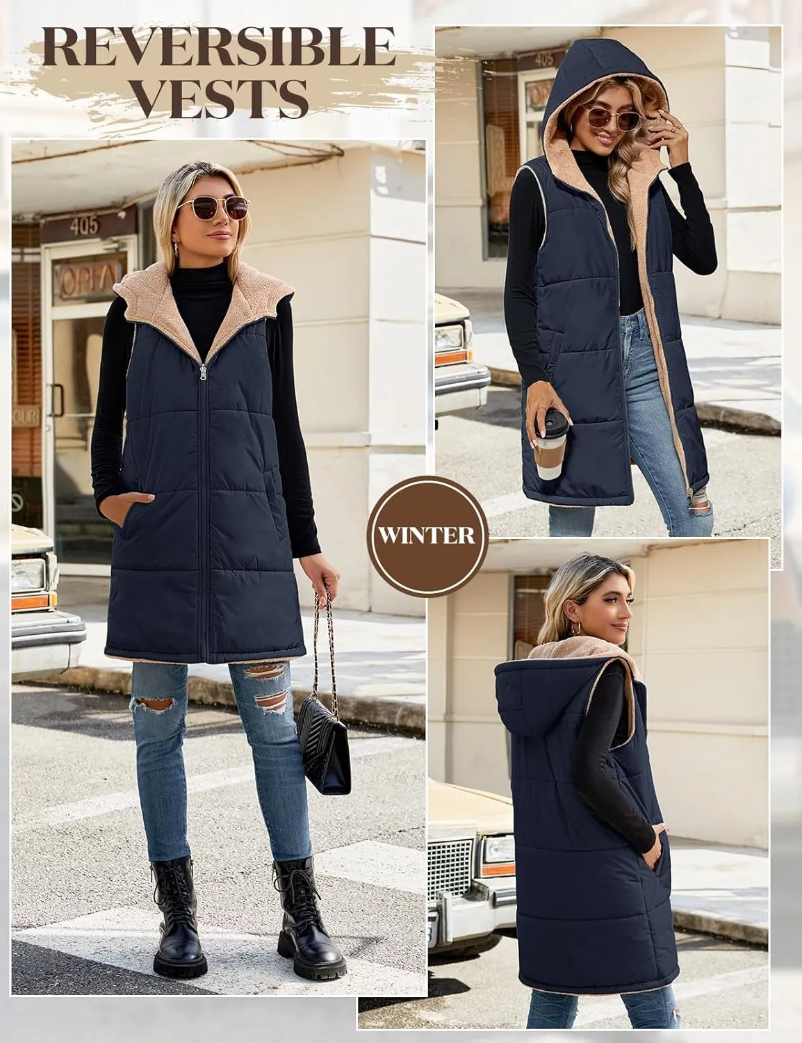 Womens Fall Reversible Vests Sleeveless Fleece Hoodie Jacket Zip Up Winter Warm Hooded Long Coat Outerwear with Pockets