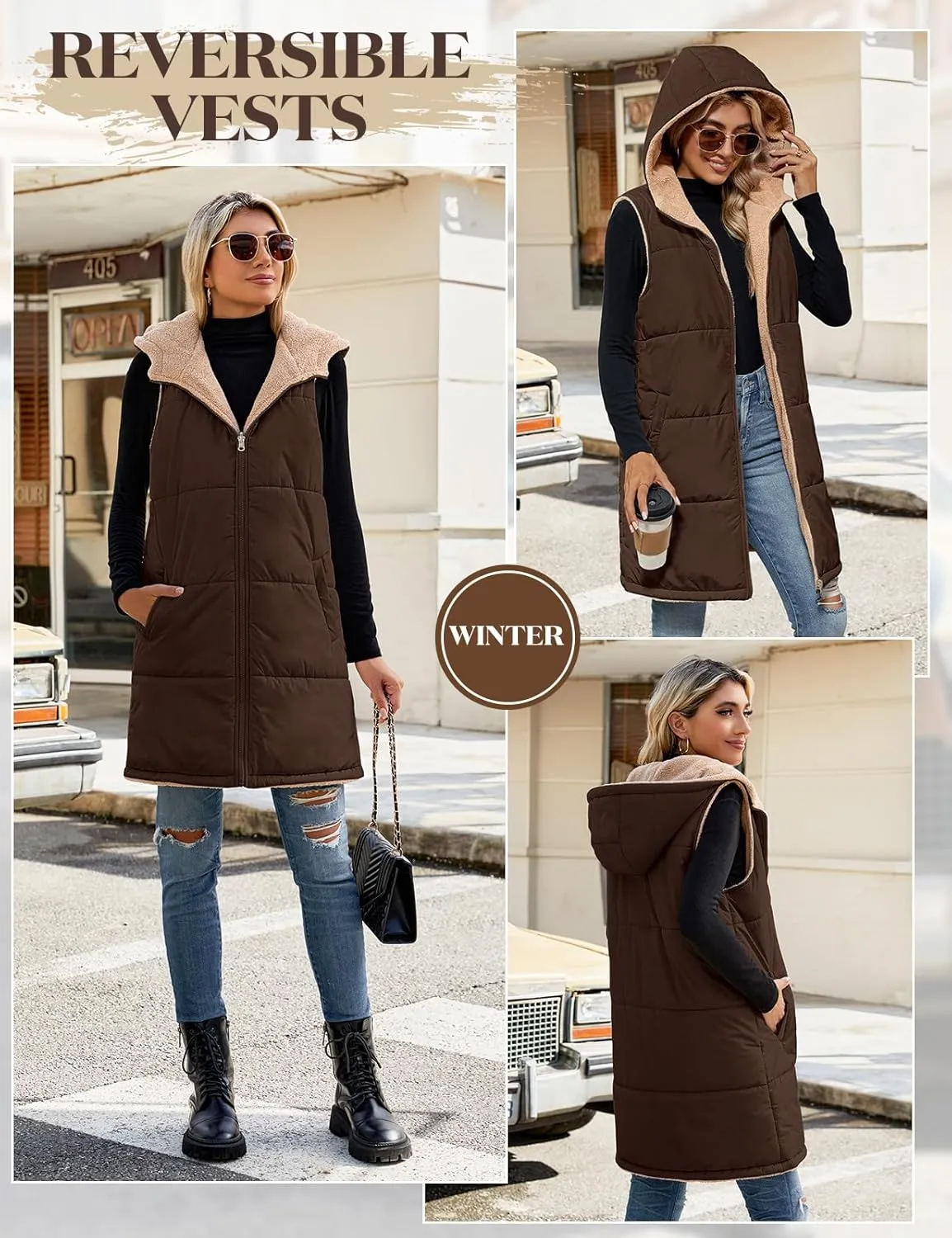 Womens Fall Reversible Vests Sleeveless Fleece Hoodie Jacket Zip Up Winter Warm Hooded Long Coat Outerwear with Pockets