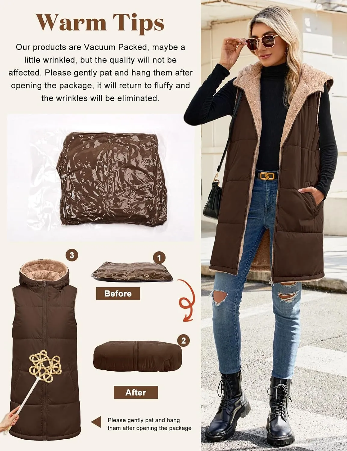 Womens Fall Reversible Vests Sleeveless Fleece Hoodie Jacket Zip Up Winter Warm Hooded Long Coat Outerwear with Pockets
