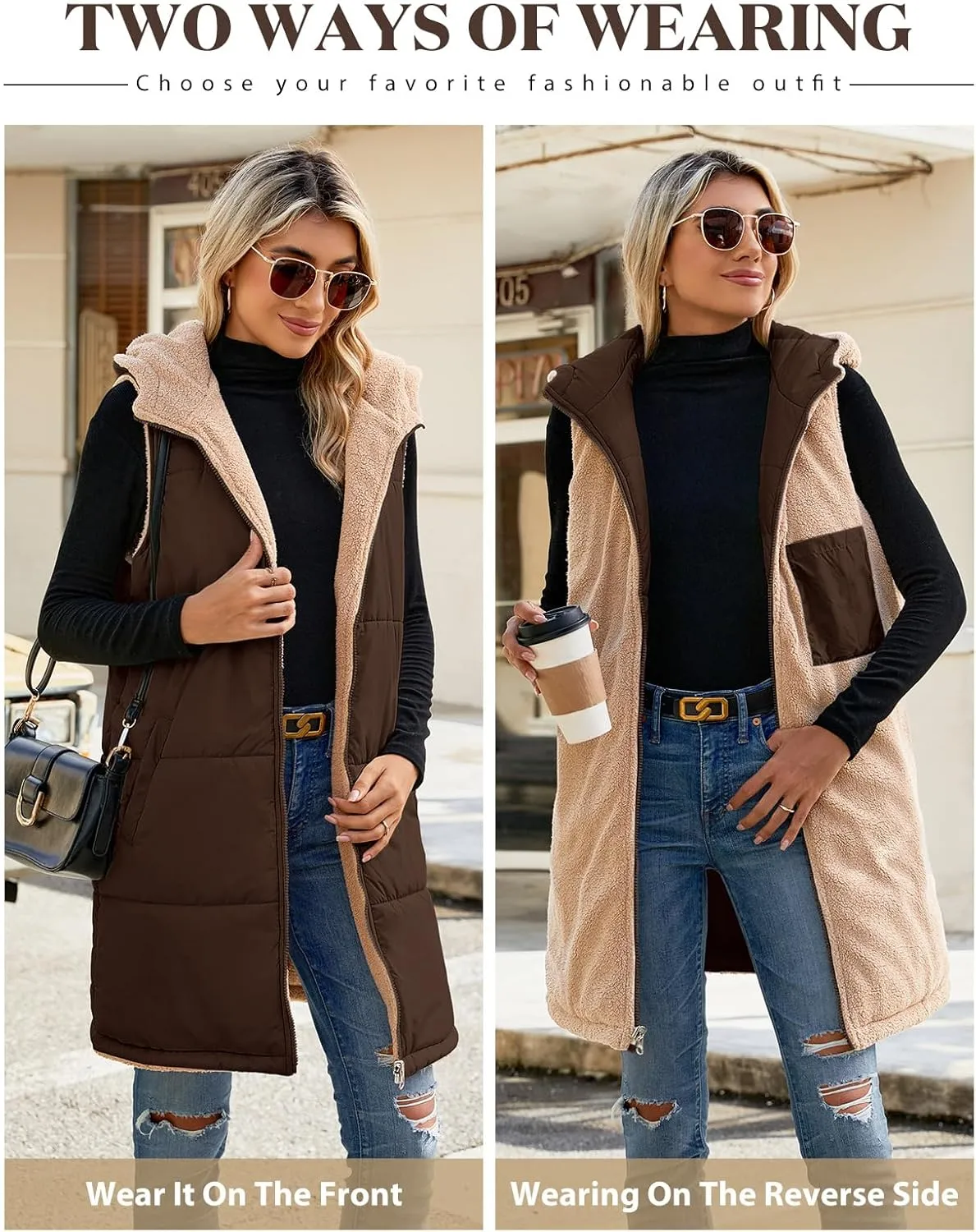 Womens Fall Reversible Vests Sleeveless Fleece Hoodie Jacket Zip Up Winter Warm Hooded Long Coat Outerwear with Pockets