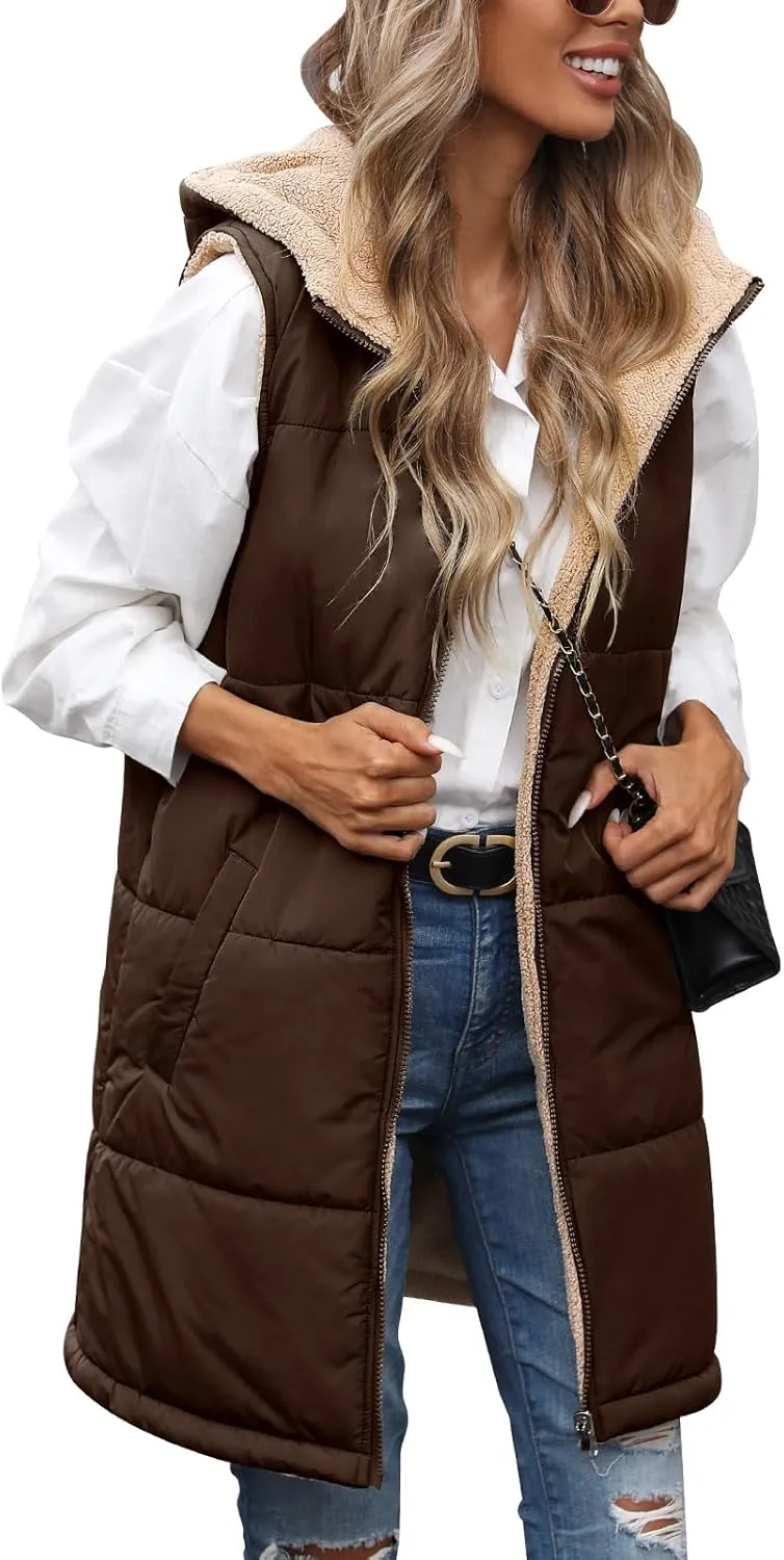 Womens Fall Reversible Vests Sleeveless Fleece Hoodie Jacket Zip Up Winter Warm Hooded Long Coat Outerwear with Pockets