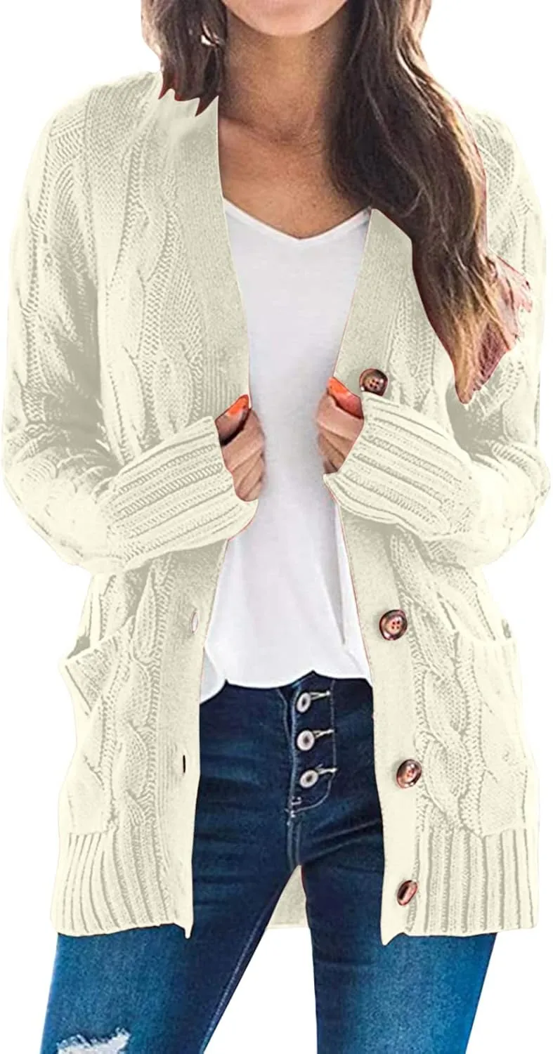 Womens Fall Sweaters Cardigan 2023 Open Front Oversized Button Plus Size Cable Knitted Long Sleeve V Neck Slouchy Outerwear