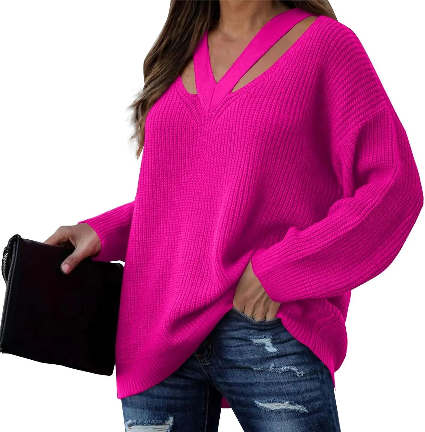 Women's Fall Winter Casual Trendy Long Sleeve V-Neck Solid Sexy Cut Out Knit Pullover Sweater Plus Size, S-3XL