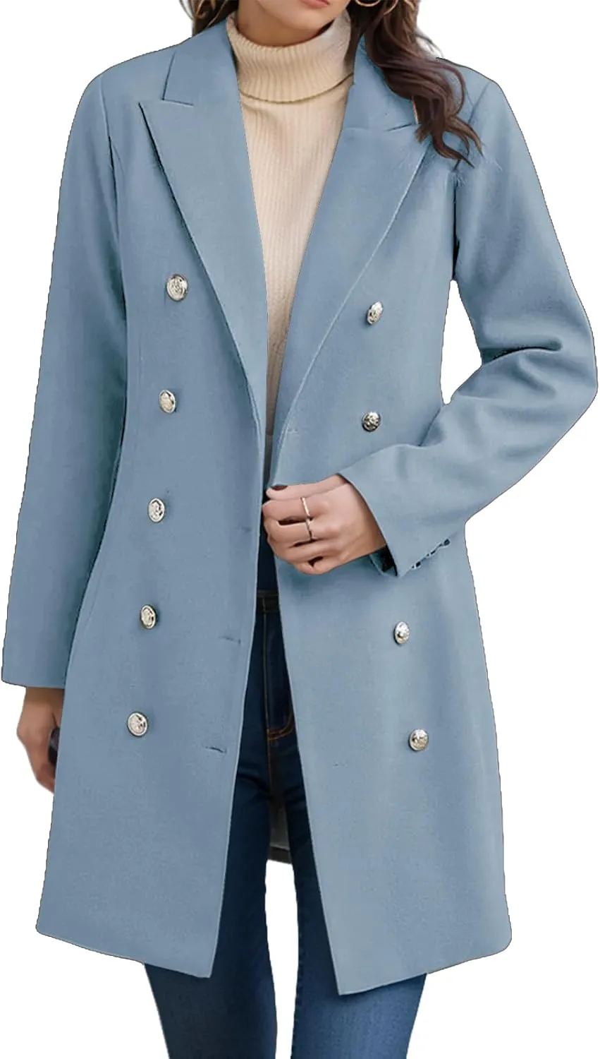 Womens Fall Winter Wool Coat Notch Lapel Double-Breasted Long Trench Coat Casual Peacoat