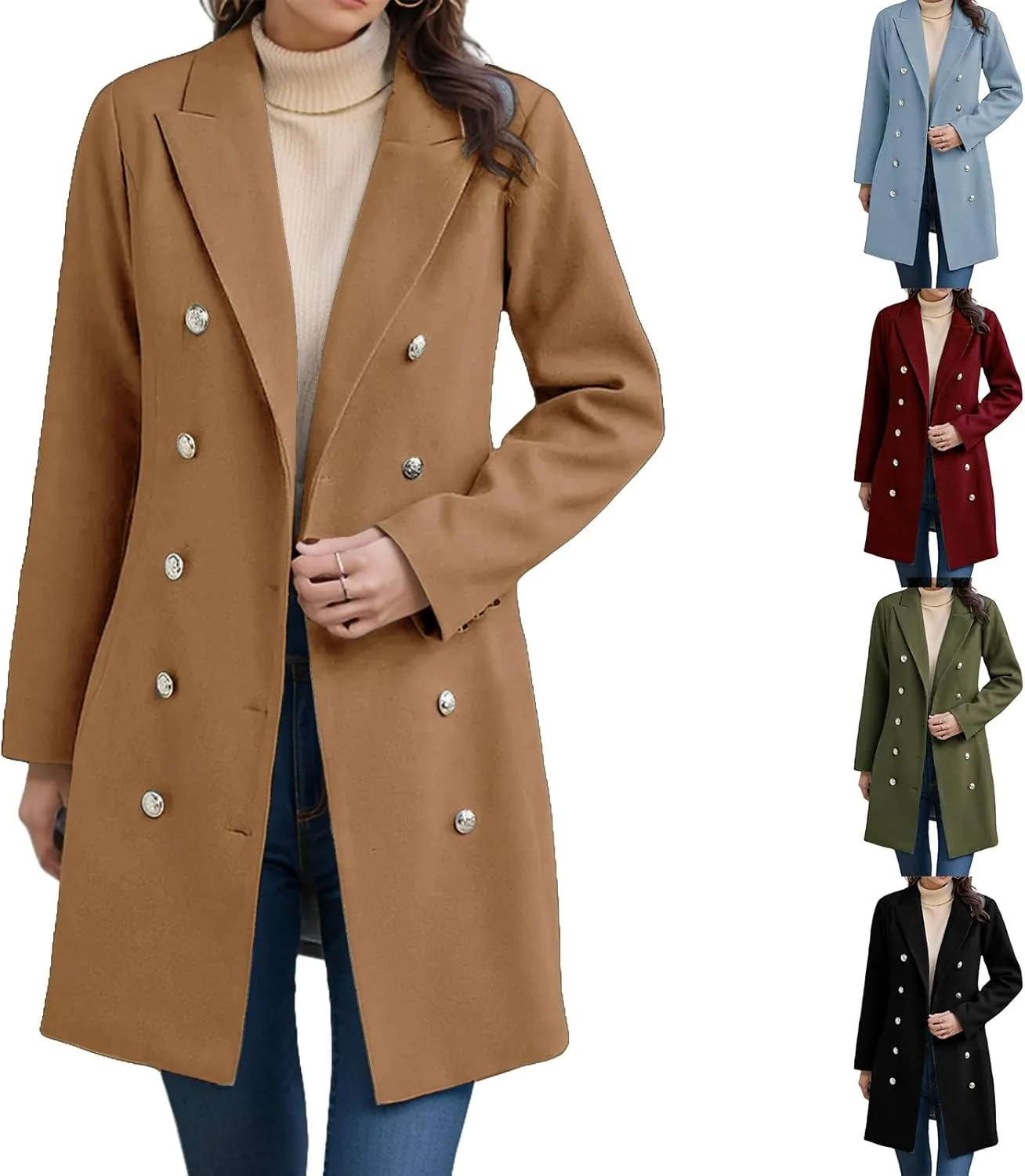 Womens Fall Winter Wool Coat Notch Lapel Double-Breasted Long Trench Coat Casual Peacoat