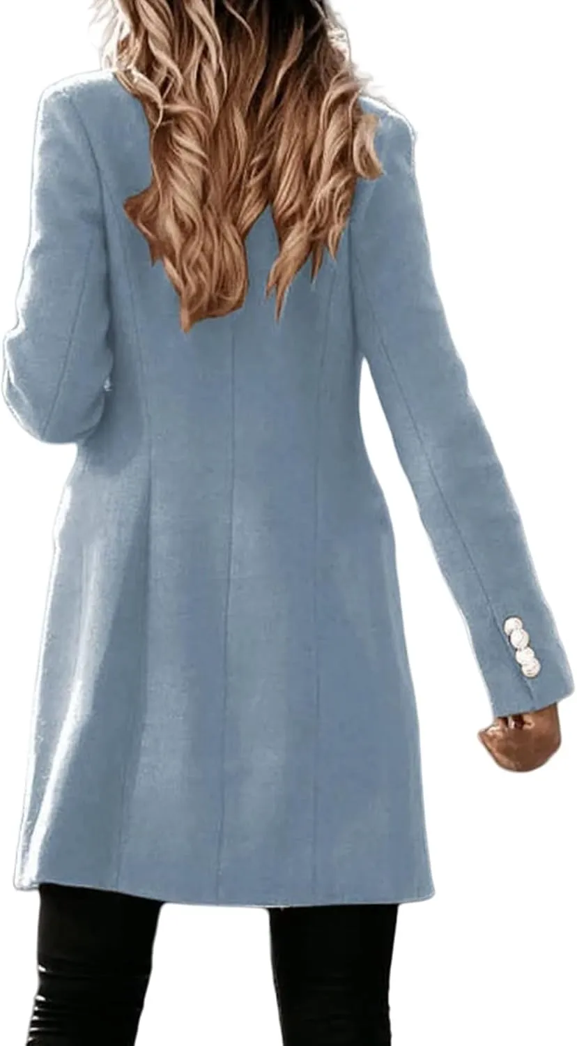 Womens Fall Winter Wool Coat Notch Lapel Double-Breasted Long Trench Coat Casual Peacoat