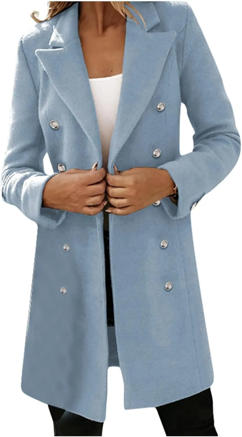 Womens Fall Winter Wool Coat Notch Lapel Double-Breasted Long Trench Coat Casual Peacoat