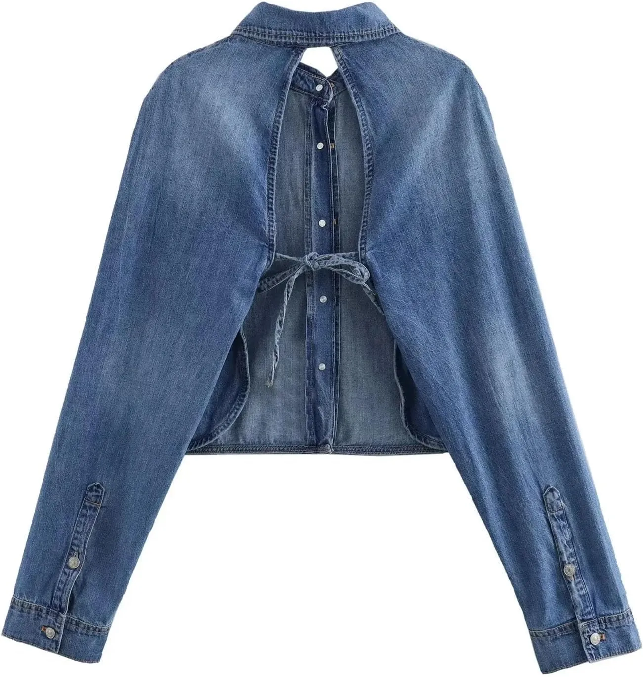 Women's Fashion Backless Denim Shirts 2025 Summer Classic Streetwear Turn-Down Collar Single Breasted Jean Shirts