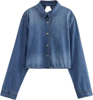 Women's Fashion Backless Denim Shirts 2025 Summer Classic Streetwear Turn-Down Collar Single Breasted Jean Shirts