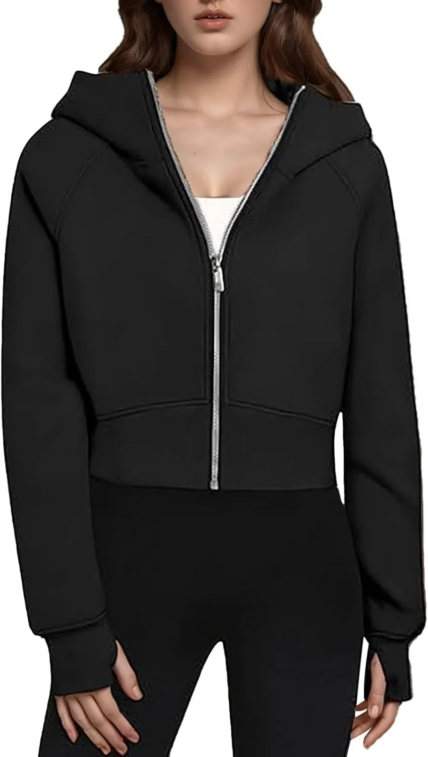 Womens Fashion Hoodie Full Zip Up Solid Color Hooded Cropped Sweatshirts Casual Fall Thumb Hole Fleece Jackets Coat
