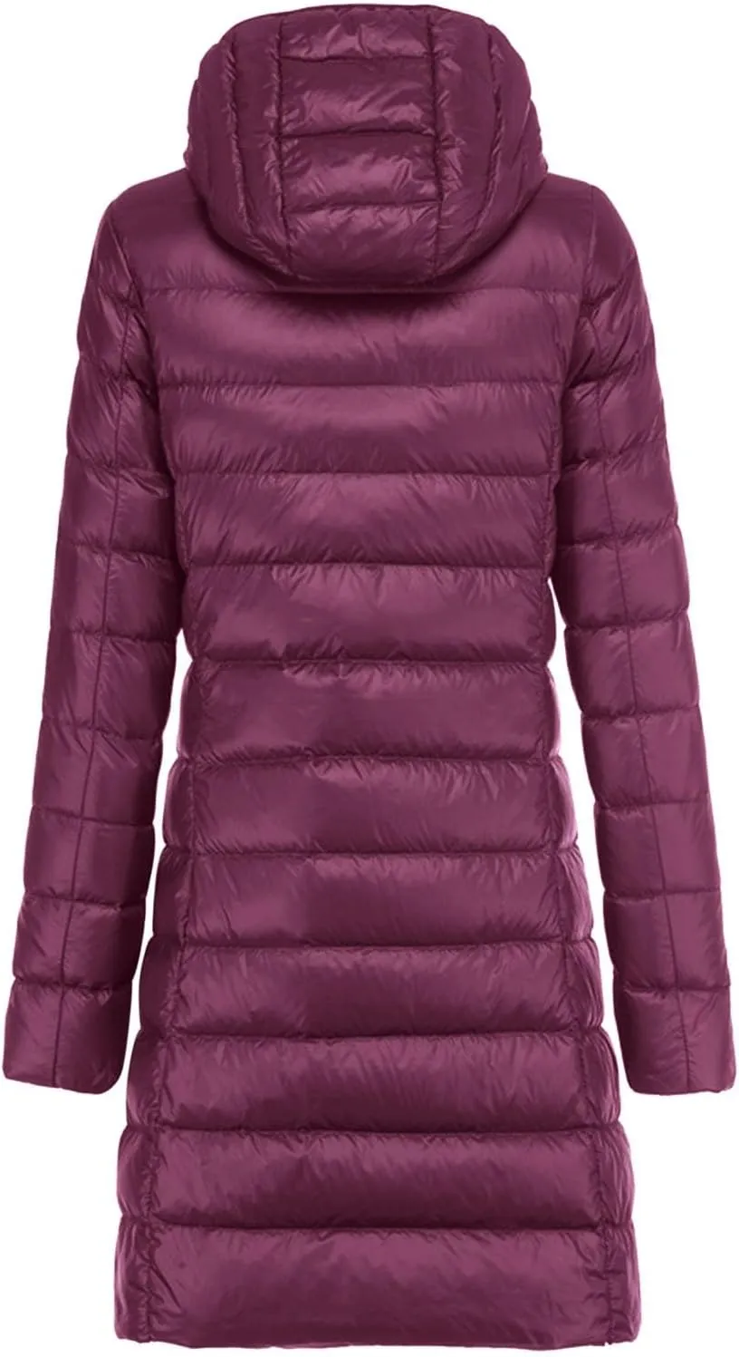 Women's Fashion Winter Packable Down Jacket Plus Size Lightweight Long Down Outerwear Puffer Jacket Hooded Coat