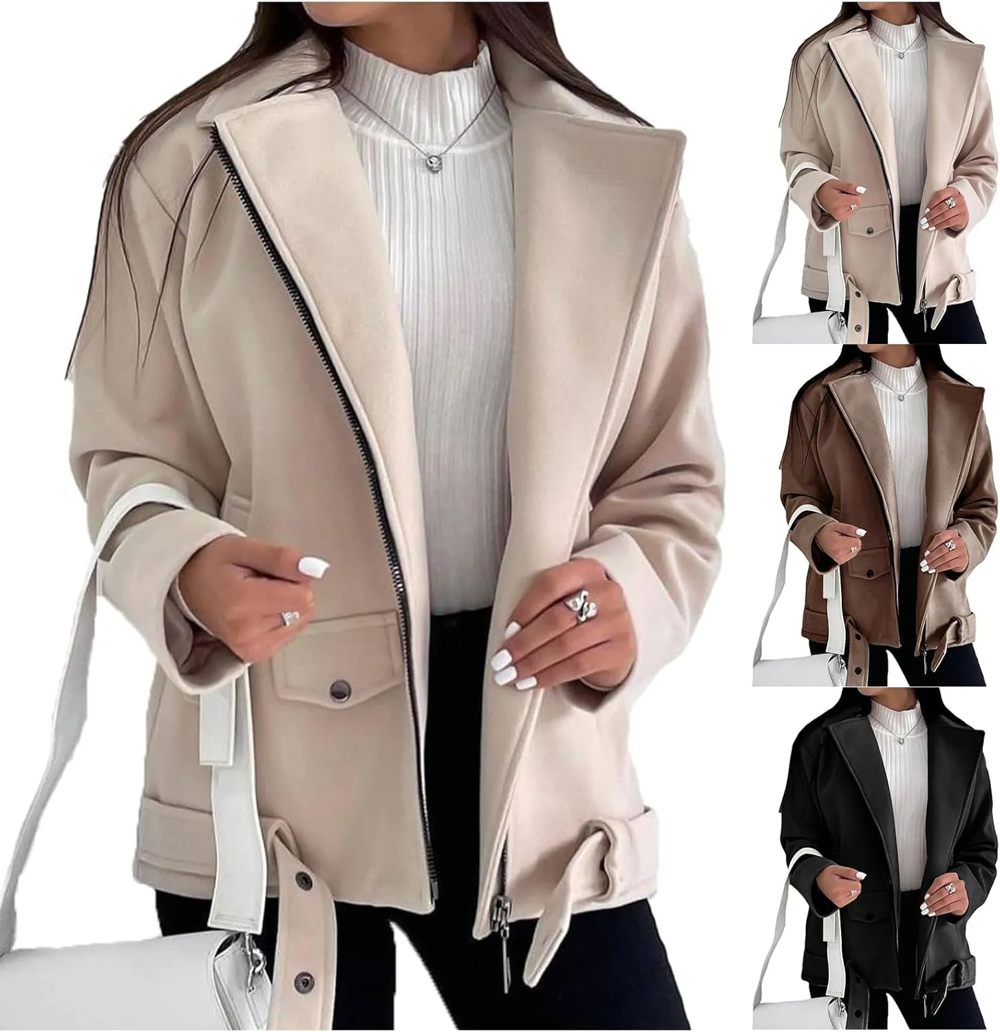 Womens Faux Suede Jacket Trendy Zip Up Lapel Long Sleeve Jackets Open Front Coat Casual Motorcycle Jackets