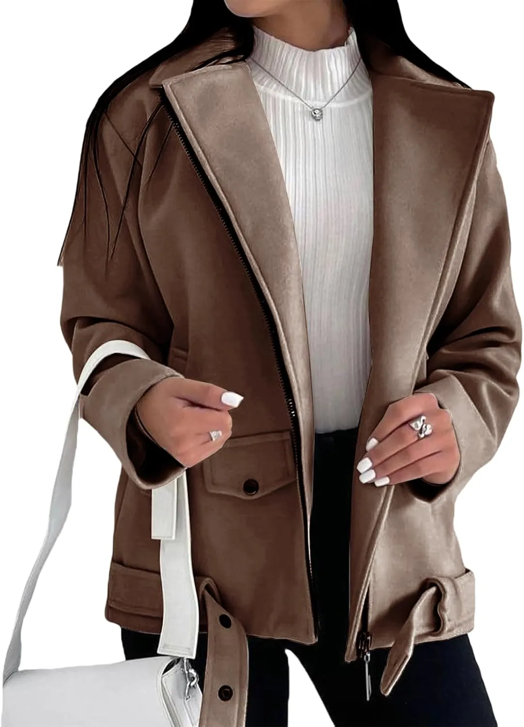 Womens Faux Suede Jacket Trendy Zip Up Lapel Long Sleeve Jackets Open Front Coat Casual Motorcycle Jackets