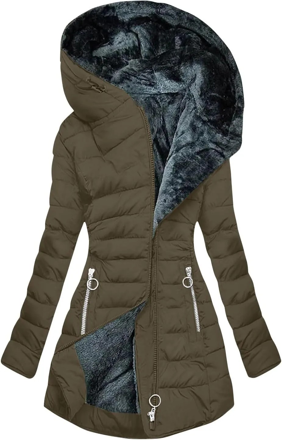 Women's Fleece Lined Puffer Coats Winter Sherpa Hooded Down Jackets Plus Size Warm Windproof Quilted Parkas Overcoat