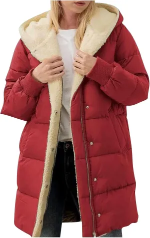 Women's Fleece Lined Quilted Jacket Winter Outerwear Warm Sherpa Coat Mid Length Zip Up Overcoat with Hooded