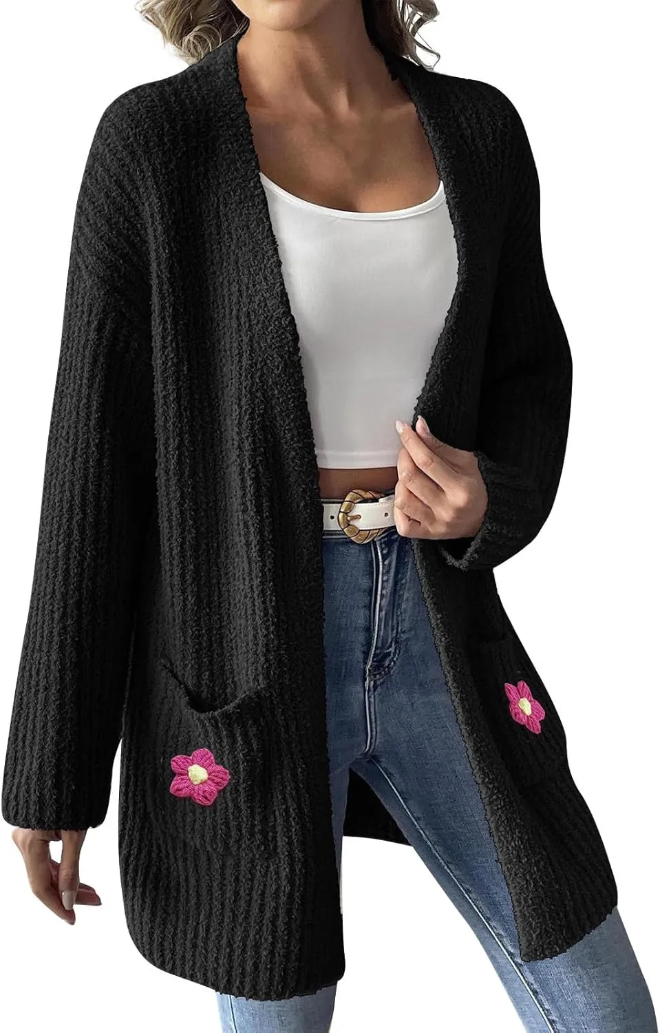Women's Floral Long Cardigan Long Sleeve V Neck Chunky Sweaters Open Front Long Casual Beach Kimonos Outfits