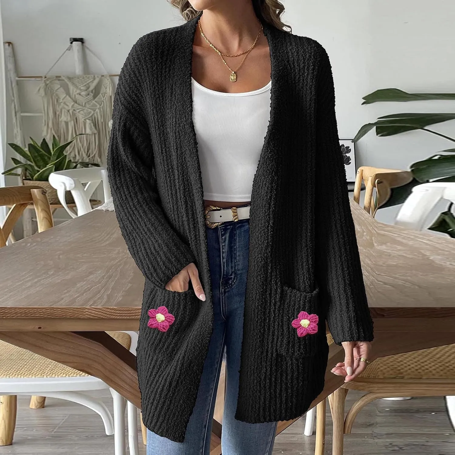 Women's Floral Long Cardigan Long Sleeve V Neck Chunky Sweaters Open Front Long Casual Beach Kimonos Outfits