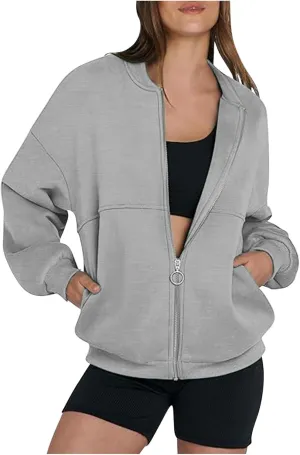 Womens Full Zip Up Sweatshirt Jackets Trendy 2024 Casual Long Sleeve Lightweight Sweatshirts Teen Girls Preppy Clothes
