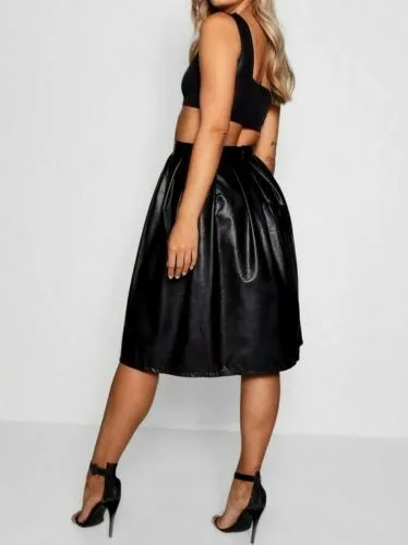Women's Genuine Leather Skirt Sexy High Waist Pleated Bohoo Style Flared Black