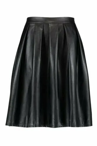 Women's Genuine Leather Skirt Sexy High Waist Pleated Bohoo Style Flared Black