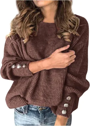 Womens Gigot Sleeve Sweaters Vintage Button Chunky Crewneck Pullover Sweaters for Women Fall Winter Leisure Knit Sweater