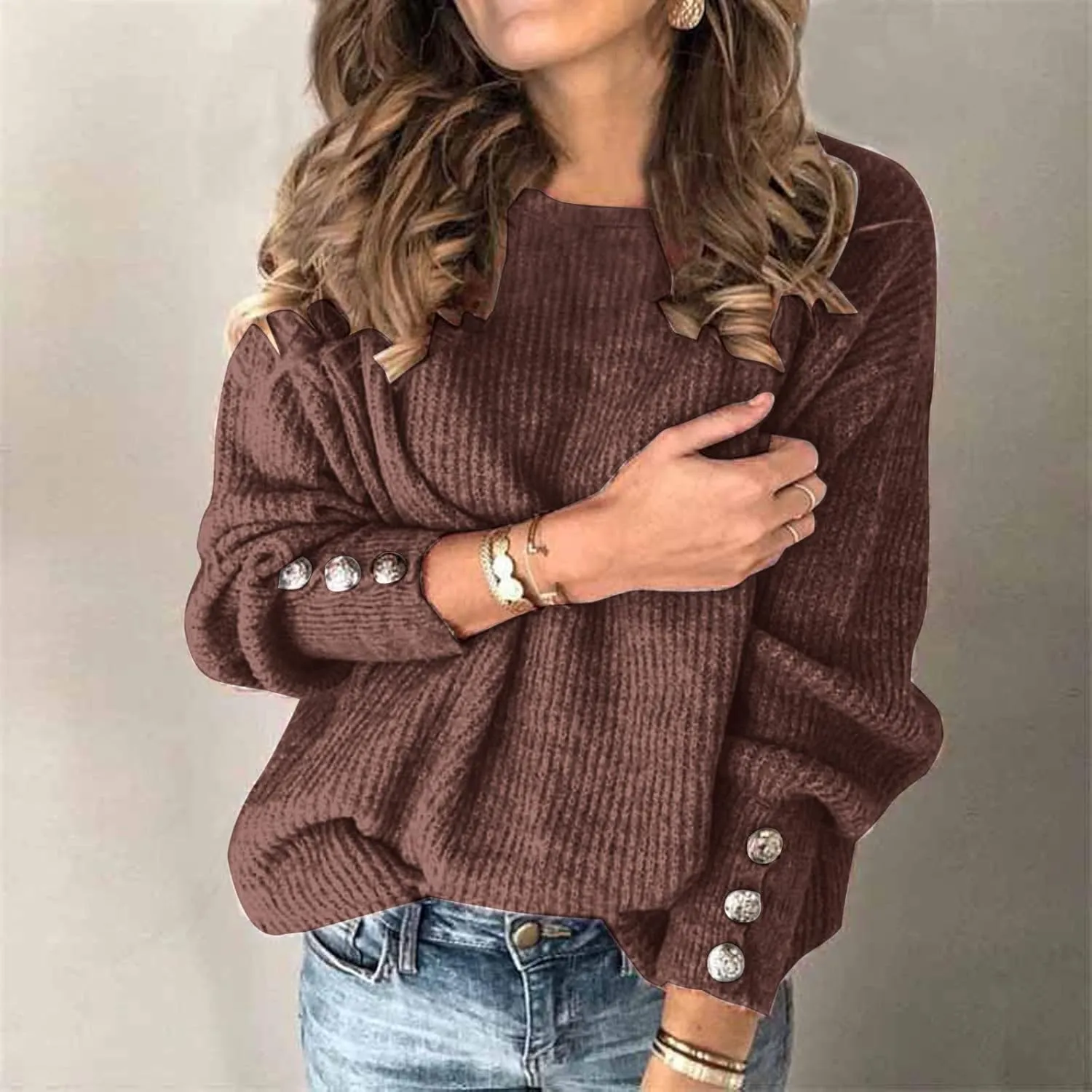 Womens Gigot Sleeve Sweaters Vintage Button Chunky Crewneck Pullover Sweaters for Women Fall Winter Leisure Knit Sweater
