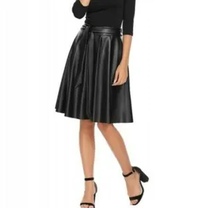 Women's High Waist Leather Skirt Flared Pleated With Belt