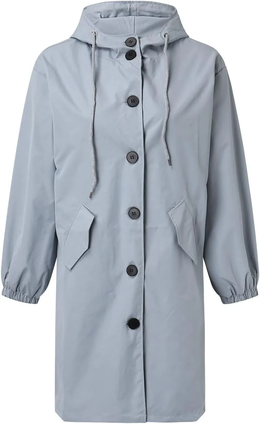 Womens Hooded Trench Coat Winter Lightweight Waterproof Rain Jacket Outdoor Button Down Oversized Windbreaker Outwear