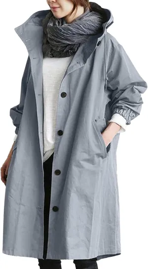 Womens Hooded Trench Coat Winter Lightweight Waterproof Rain Jacket Outdoor Button Down Oversized Windbreaker Outwear