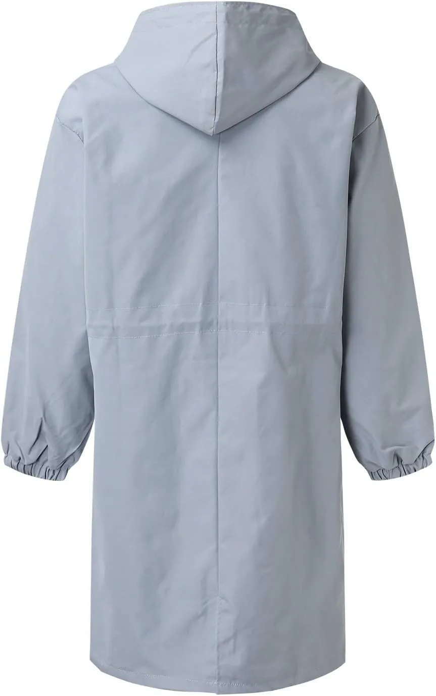 Womens Hooded Trench Coat Winter Lightweight Waterproof Rain Jacket Outdoor Button Down Oversized Windbreaker Outwear