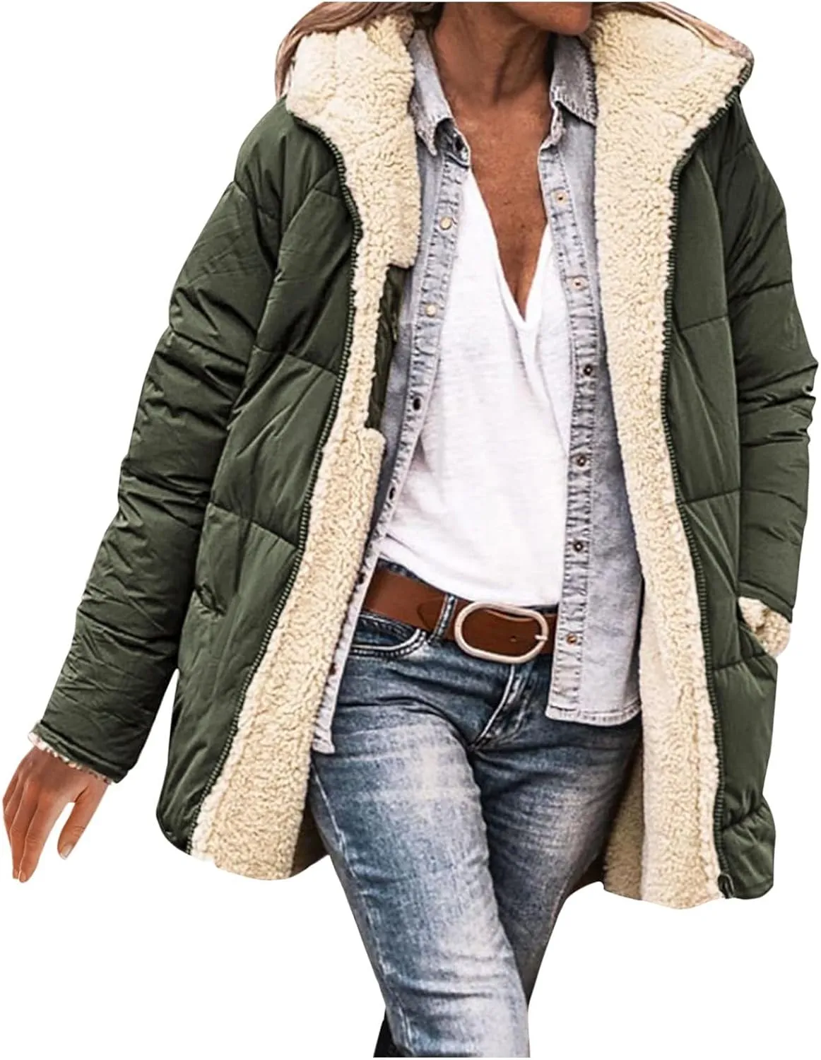 Women's Hooded Winter Coat Fleece Hooded Warm Oversized Trendy Jackets Casual Lapel Long Sleeve Coats