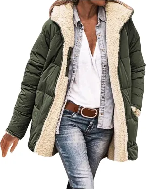 Women's Hooded Winter Coat Fleece Hooded Warm Oversized Trendy Jackets Casual Lapel Long Sleeve Coats