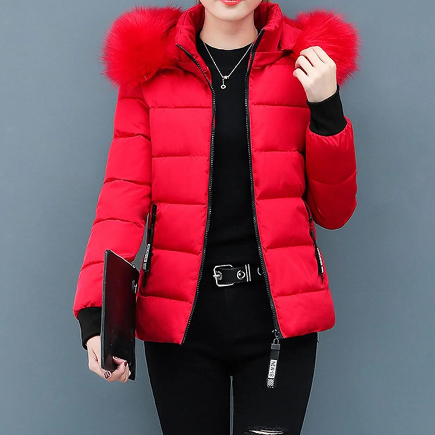 Women's Hooded Winter Coat Oversized Shearling Fleece Warm Quilted Jacket Full Zip Black Padded Coats