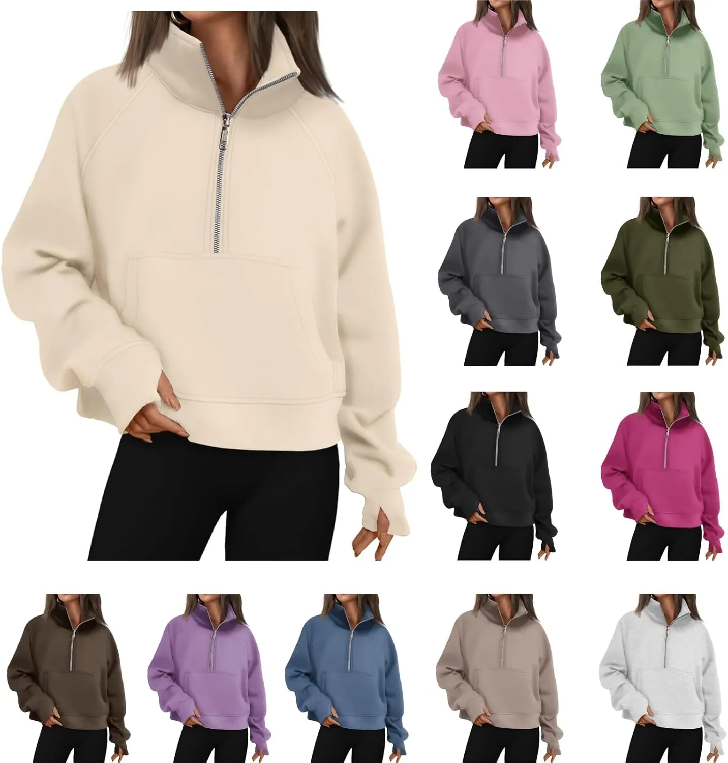 Womens Hoodies Half Zip Up Sweatshirts Pullover Tops Long Sleeve Fleece Sweatshirts with Thumb Hole Fall Clothes