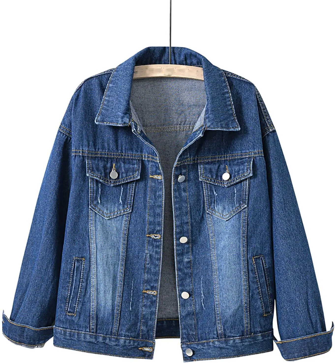 Women's Jean Denim Jacket Classic Trucker Shacket Button Up Cropped Denim Coats Ladies Loose Long Sleeve Outwear
