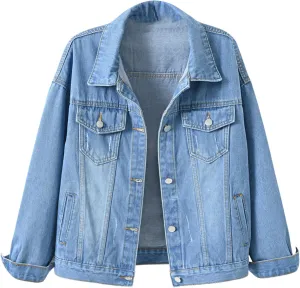 Women's Jean Denim Jacket Classic Trucker Shacket Button Up Cropped Denim Coats Ladies Loose Long Sleeve Outwear