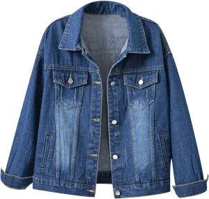 Women's Jean Denim Jacket Classic Trucker Shacket Button Up Cropped Denim Coats Ladies Loose Long Sleeve Outwear