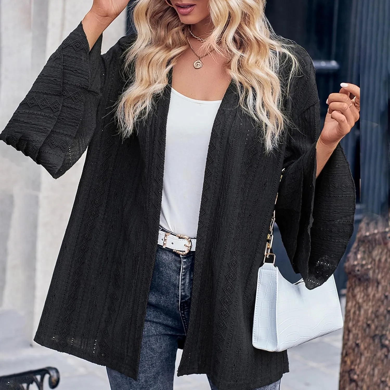 Women's Knit Cardigan Shirts Batwing Layer Sleeve Open Front Tops Solid Color Eyelet Blouse Fashion Fall Outfits