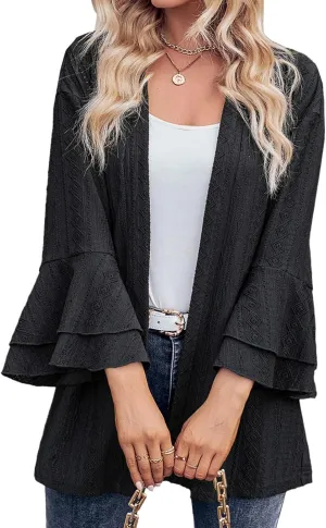 Women's Knit Cardigan Shirts Batwing Layer Sleeve Open Front Tops Solid Color Eyelet Blouse Fashion Fall Outfits