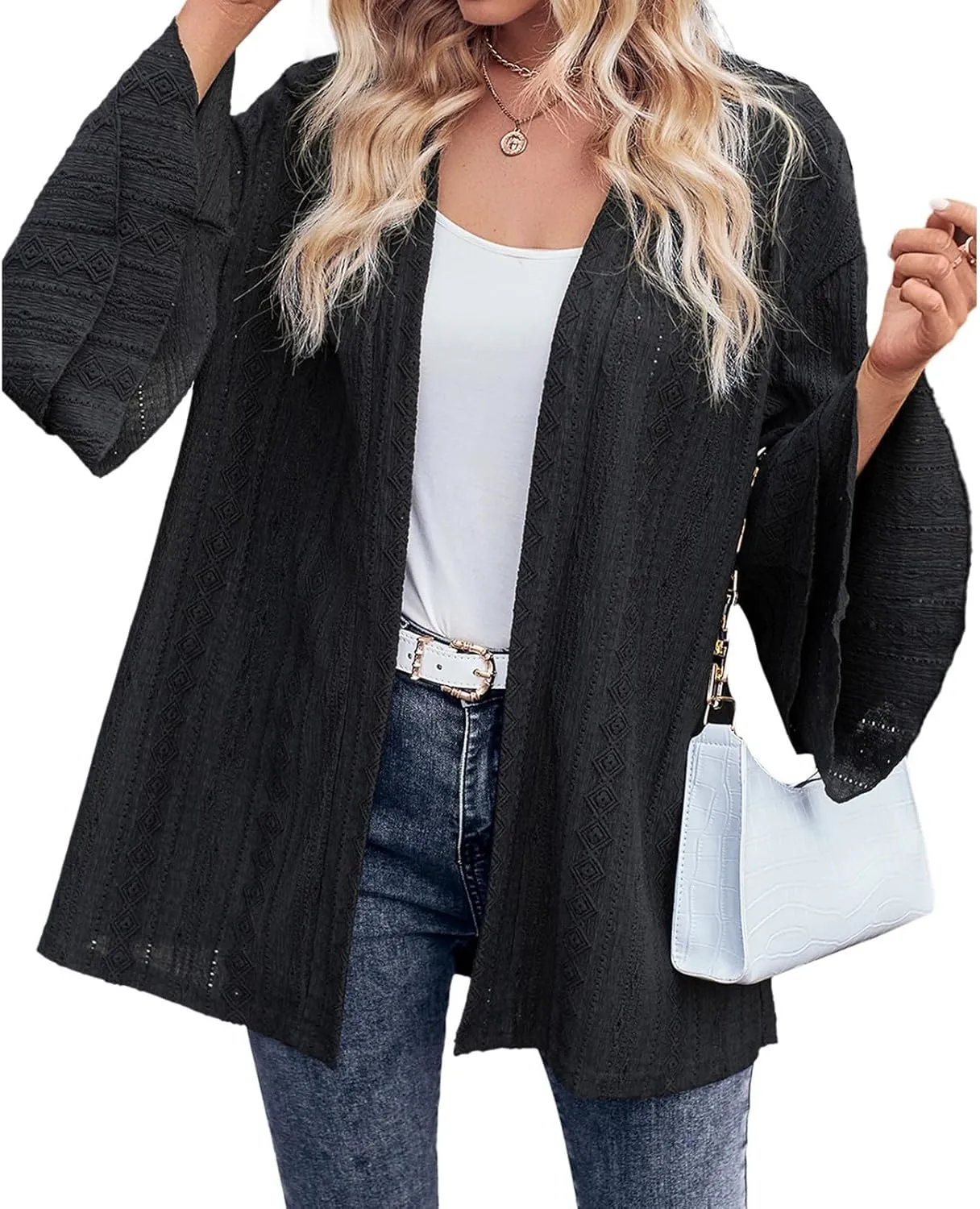 Women's Knit Cardigan Shirts Batwing Layer Sleeve Open Front Tops Solid Color Eyelet Blouse Fashion Fall Outfits