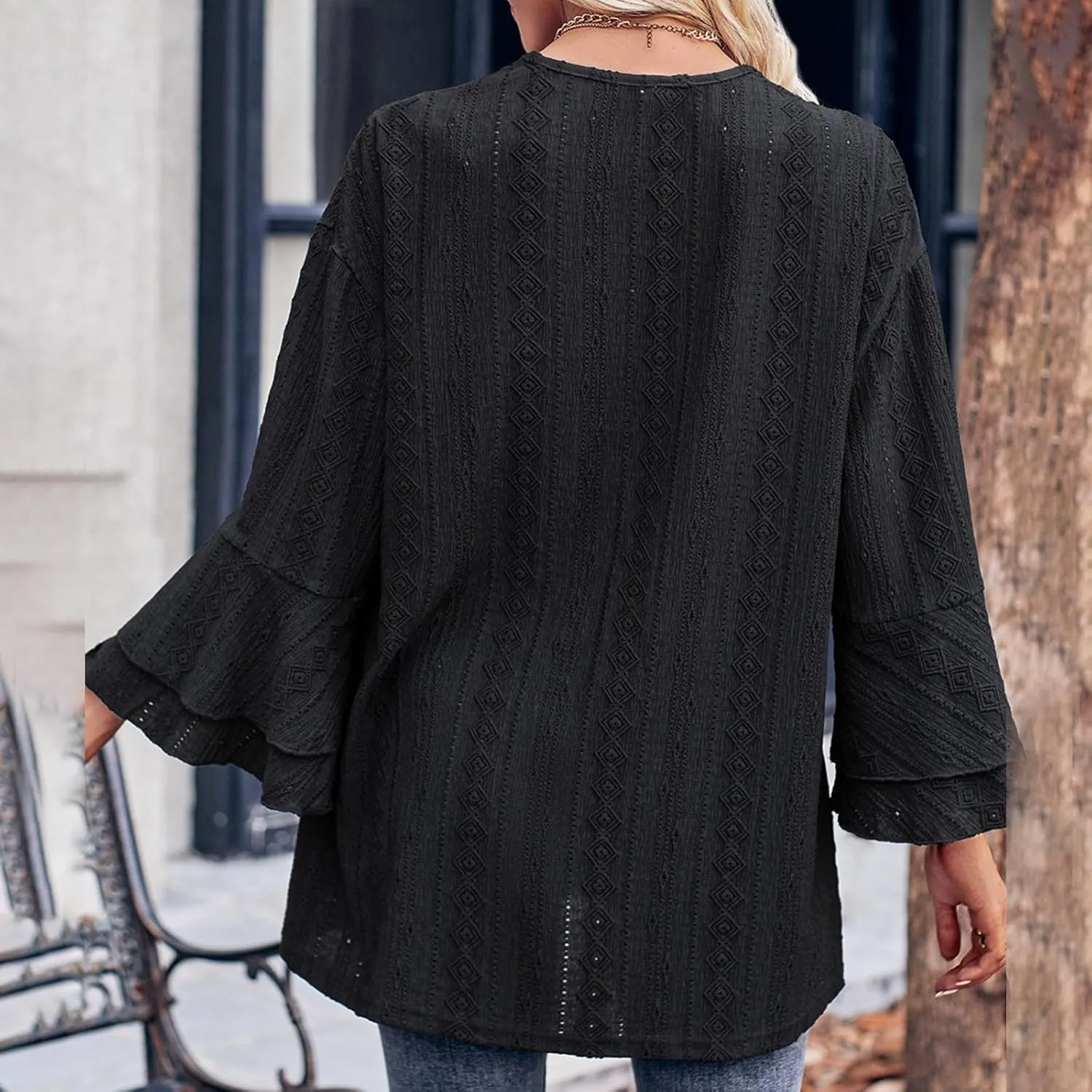 Women's Knit Cardigan Shirts Batwing Layer Sleeve Open Front Tops Solid Color Eyelet Blouse Fashion Fall Outfits