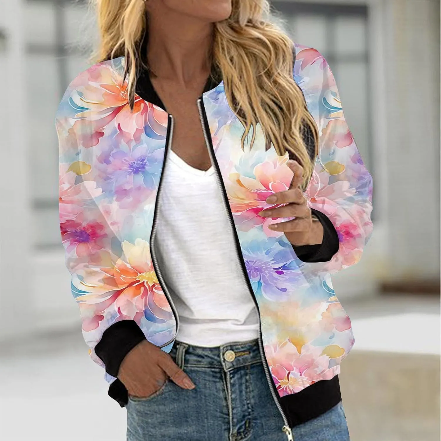 Womens Lightweight Bomber Biker Jacket Zip Up Windbreaker Crop Bomber Jacket Coat with Pockets 2024 Fall Outfits